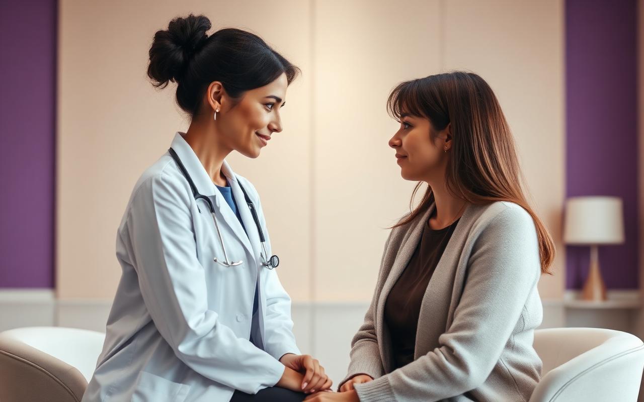 Profissional conversando com paciente em consultório acolhedor