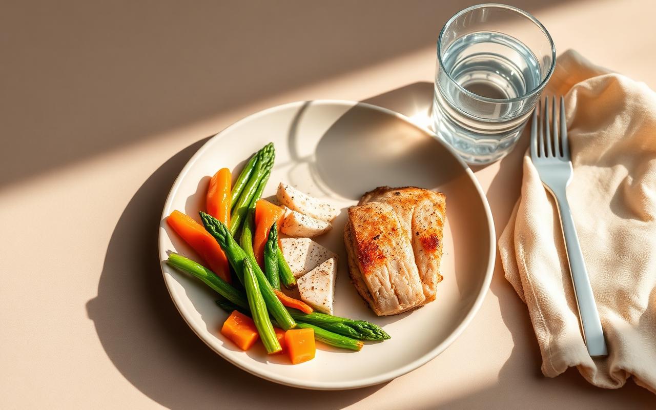 Prato saudável com proteínas leves, frutas e água